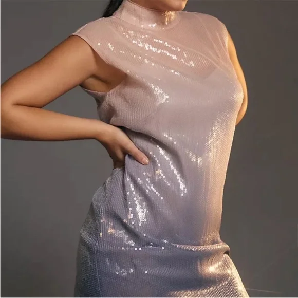 Anthropologie Sequin Ombre Mock Neck Sleeveless Midi Dress Ombre - Picture 4 of 12